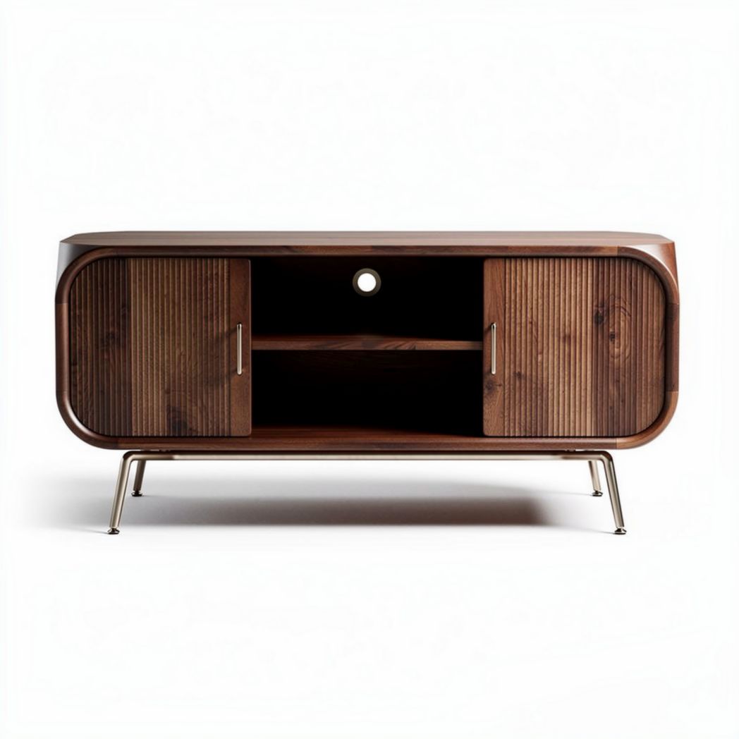 Wooden media console with storage compartments and metal legs 80 x 40 x 45cm