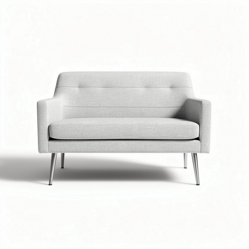 Modern two-seater sofa in light grey fabric with stainless steel legs 150 x 80 x 85cm