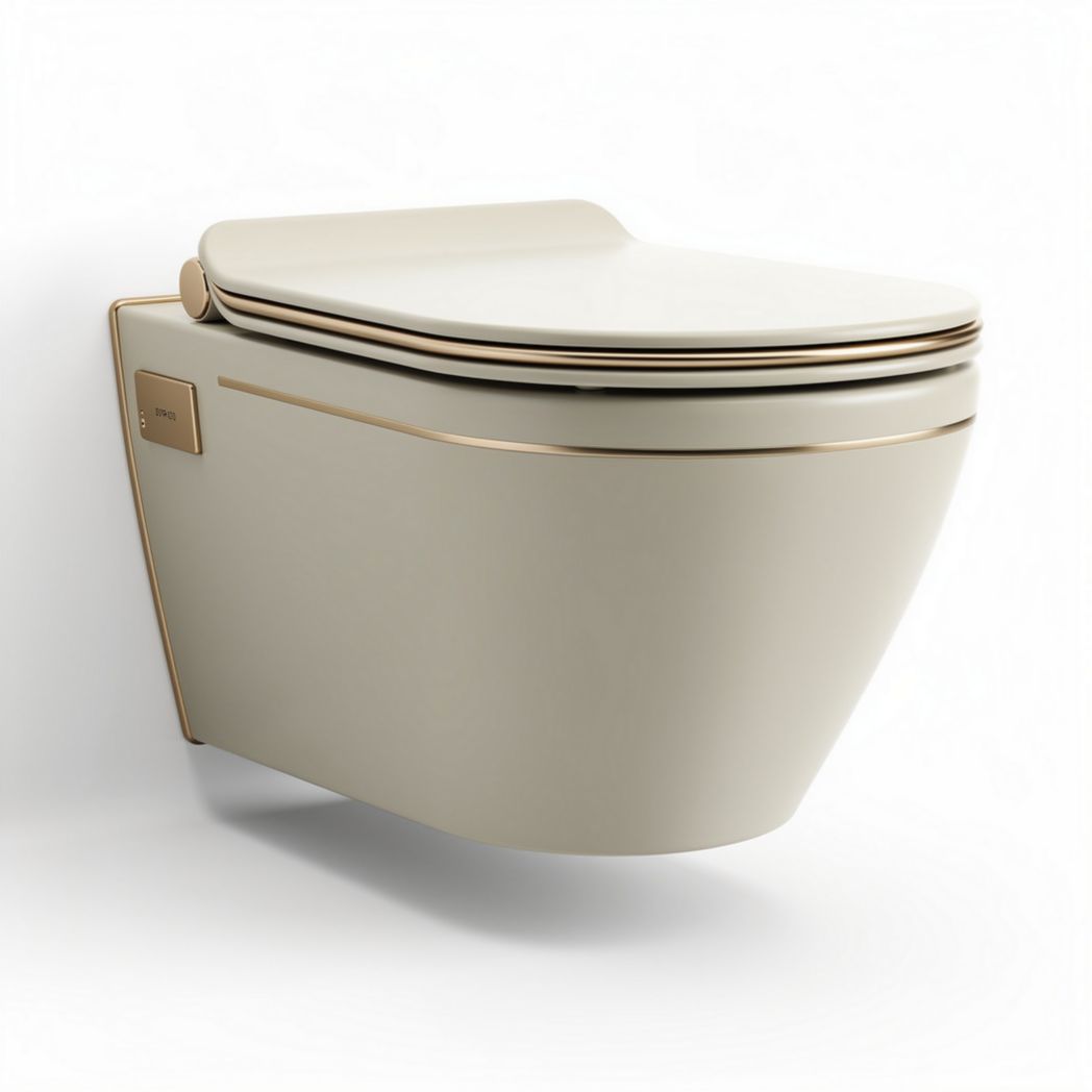 Wall-mounted toilet with soft-close lid and elongated bowl design in beige