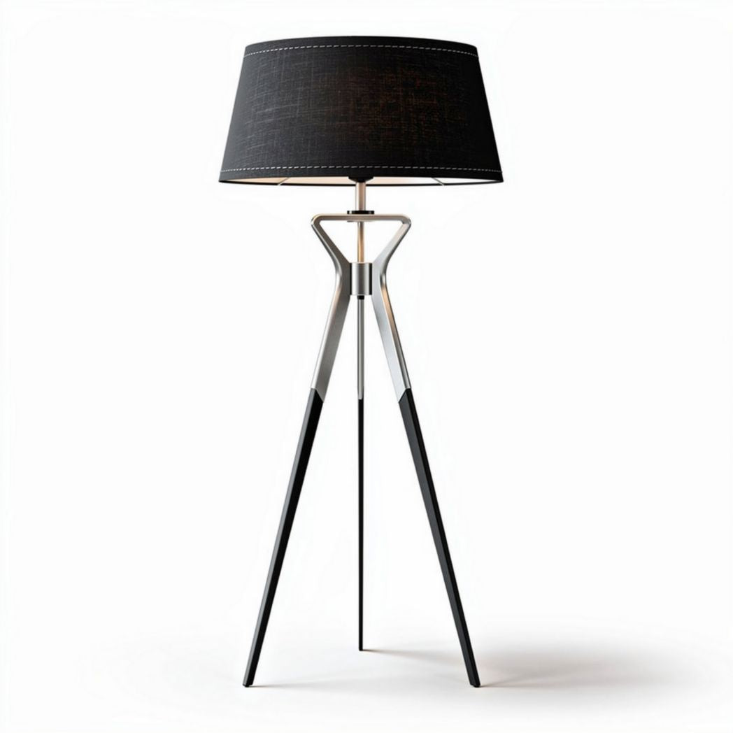 Tripod floor lamp with fabric shade and metal base in black and silver 30 x 30 x 150cm