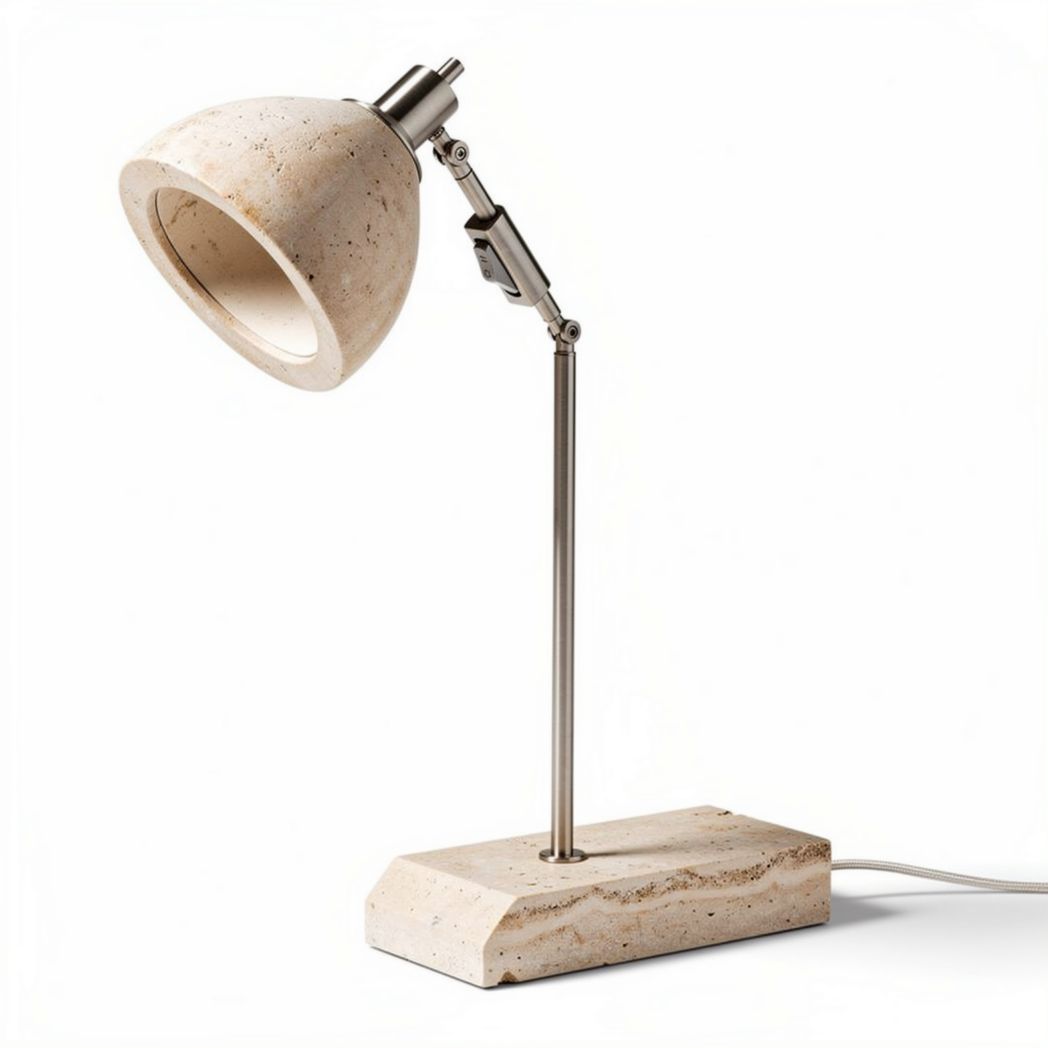 Table lamp with adjustable arm and cylindrical beige stone shade 25 x 15 x 40cm