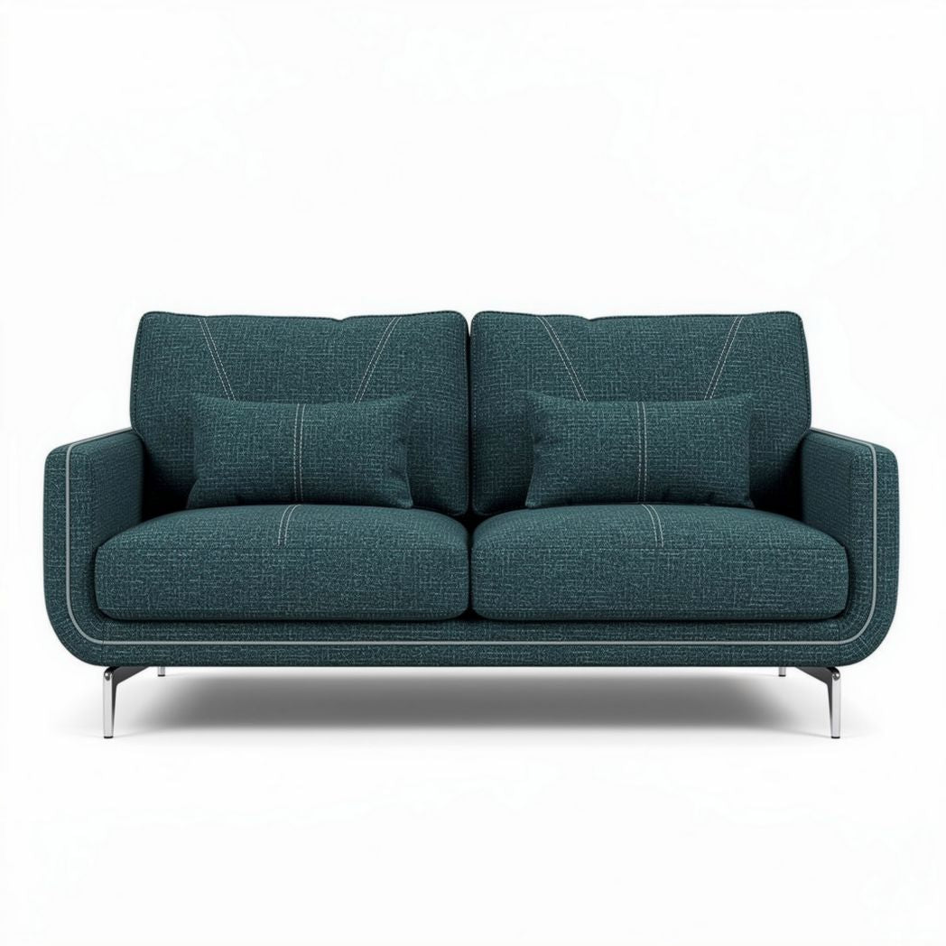 Two-seater sofa in teal fabric upholstery with stainless steel legs 200 x 90 x 85cm