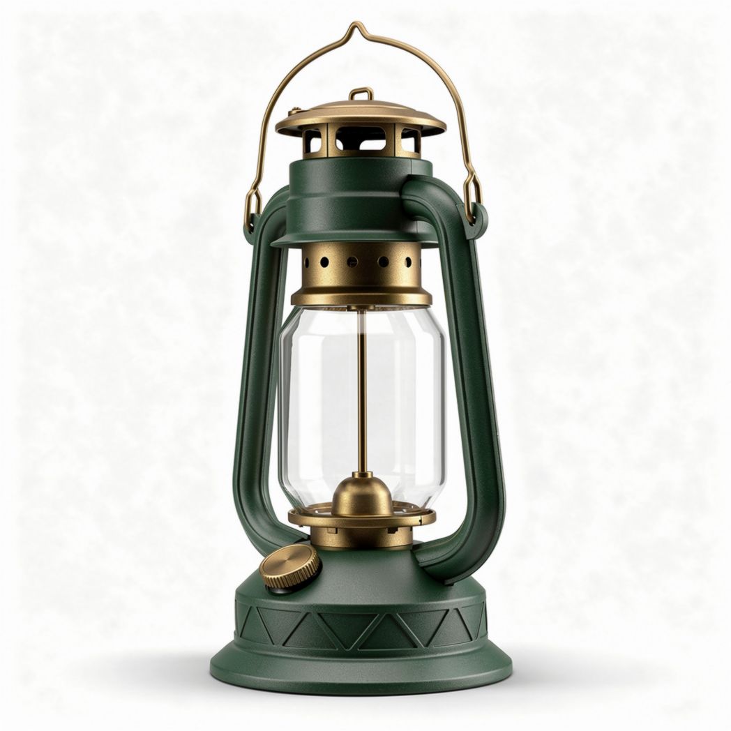 Antique-style green camping lantern with glass reservoir and brass accents