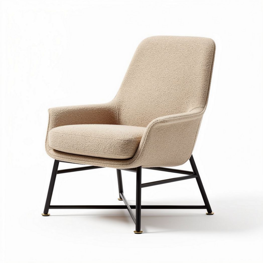Upholstered armchair in beige fabric with black metal frame 80 x 70 x 90cm