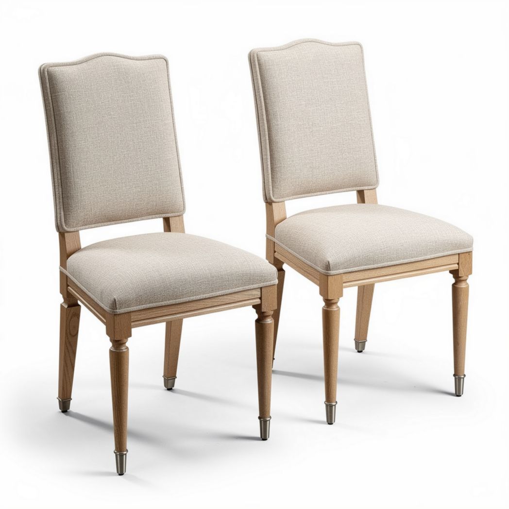 Upholstered dining chairs in beige linen with wooden legs 45 x 40 x 90cm