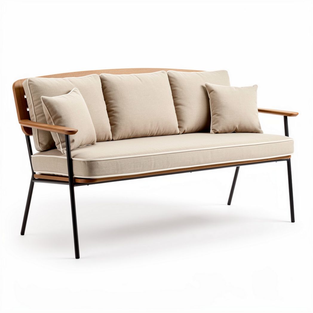 Wooden frame outdoor sofa with beige fabric cushions 150 x 70 x 80cm